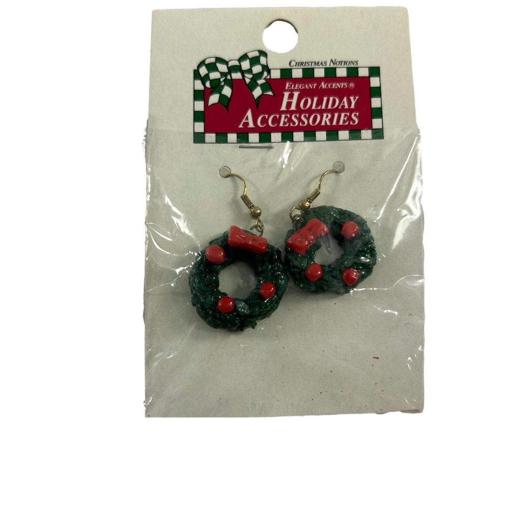 Vintage 1993 Christmas Notions Holiday Wreath Dangle Earrings Green Red
